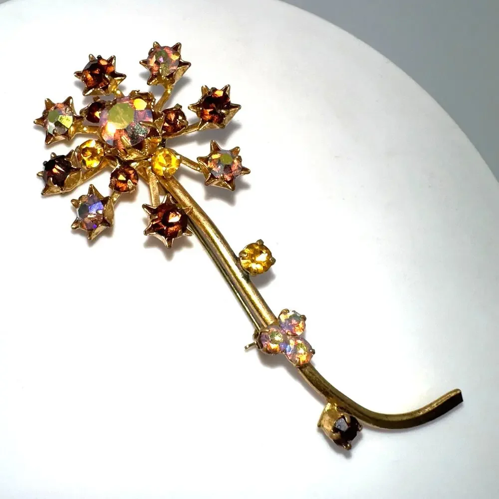 Austria vintage gold tone amber brown topaz glass AB rhinestones flower brooch